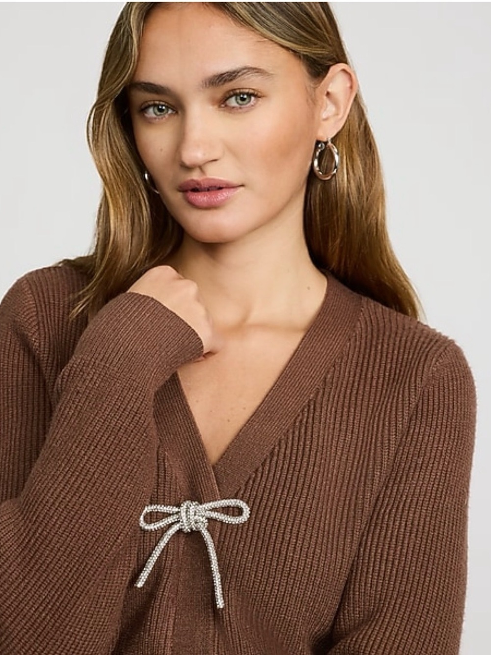 NWT Express Ribbed V-neck Rhinestone Bow Cardigan